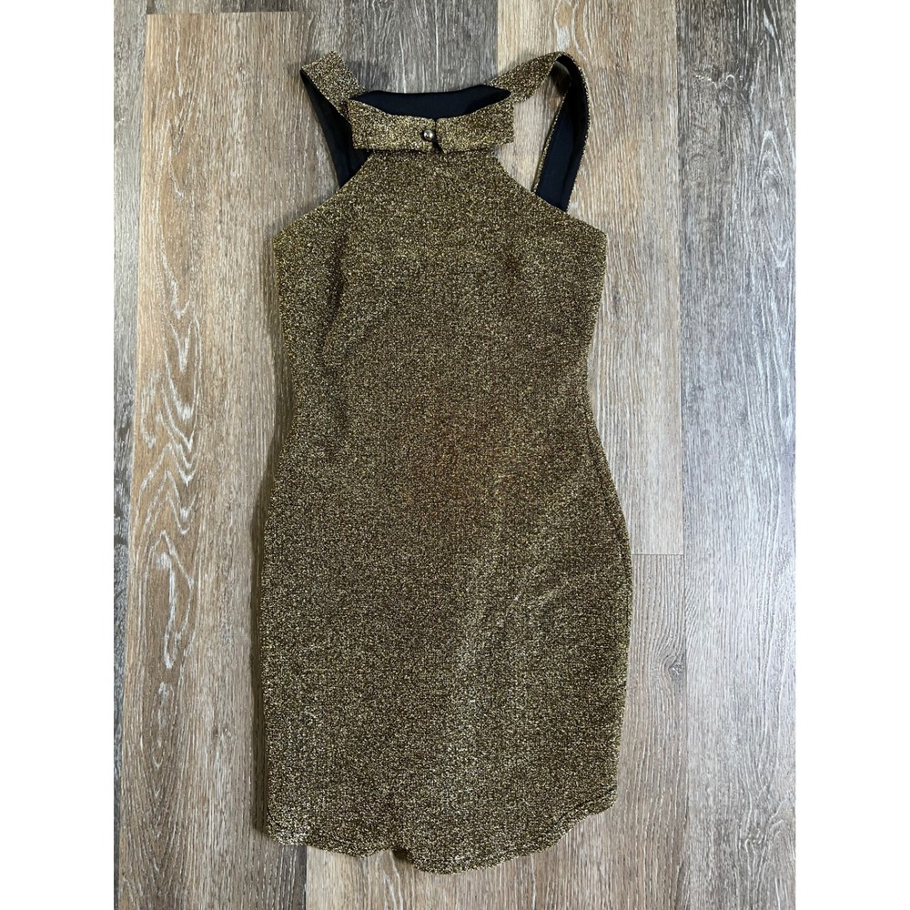 Fashion Nova Mini Dress Womens Small Gold Metallic Halter Mock Neck Bodycon 4127